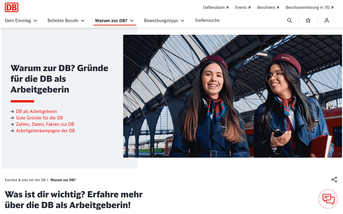 Screenshot der offiziellen DB-Karriereseite „Warum zur DB“ mit Benefits und Vorteilen als Arbeitgeberin