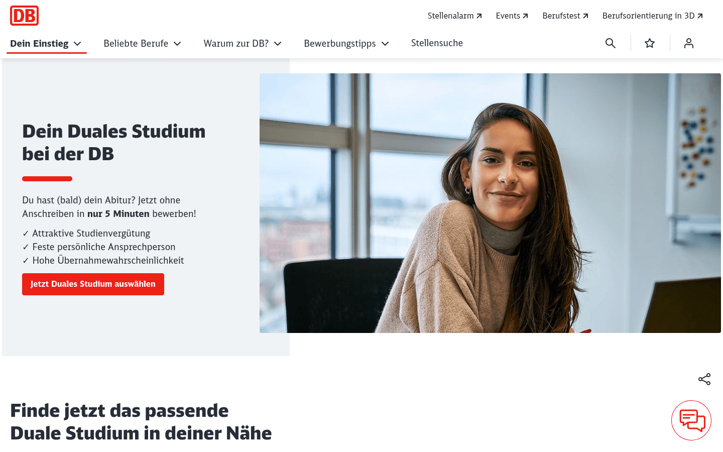 Startseite der offiziellen Deutsche-Bahn-Karriereseite zum dualen Studium mit Bewerbungsbutton