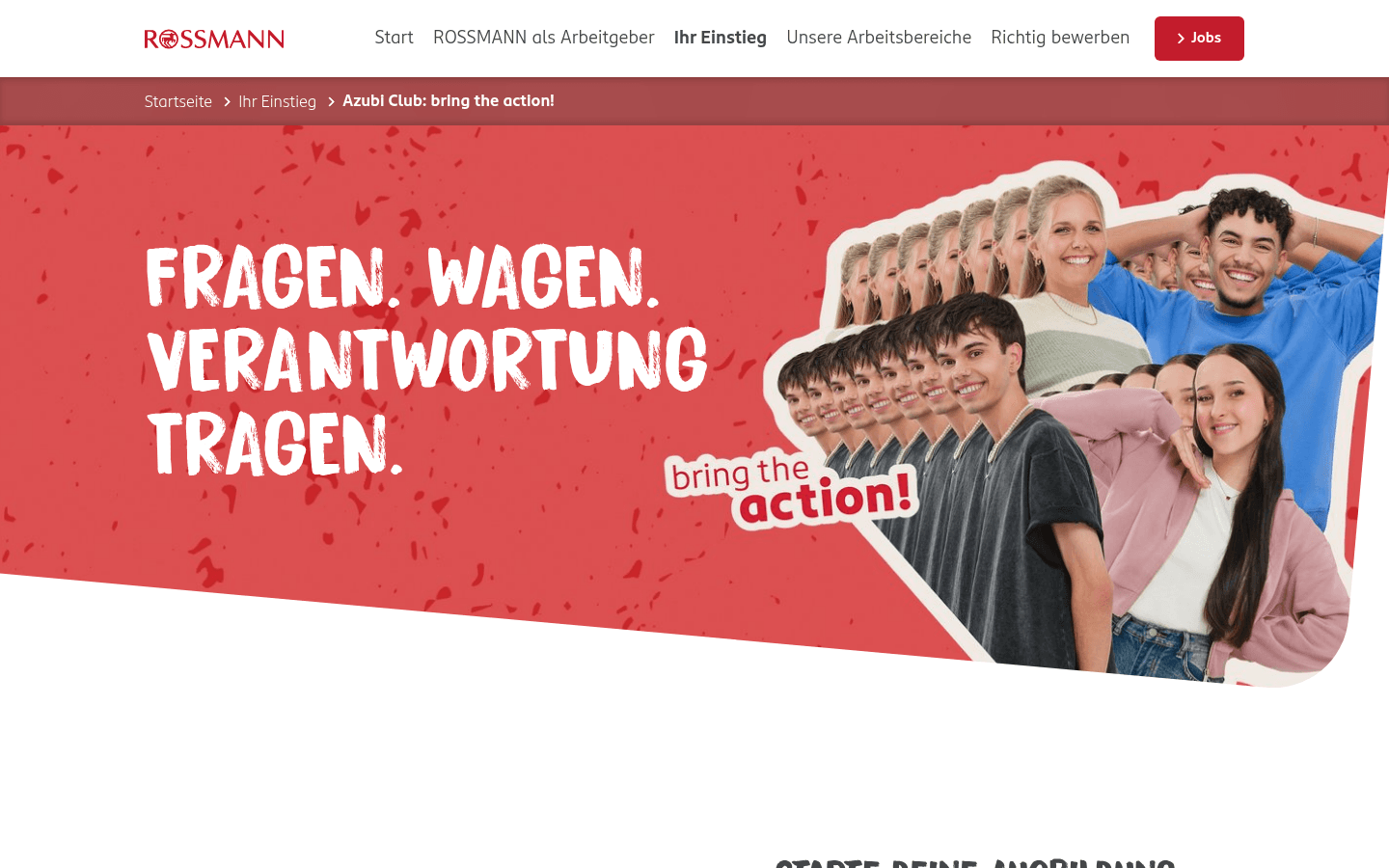 Startseite des ROSSMANN Azubi Club mit Übersicht der Ausbildungsbereiche Filiale, Logistik, Zentrale und IT