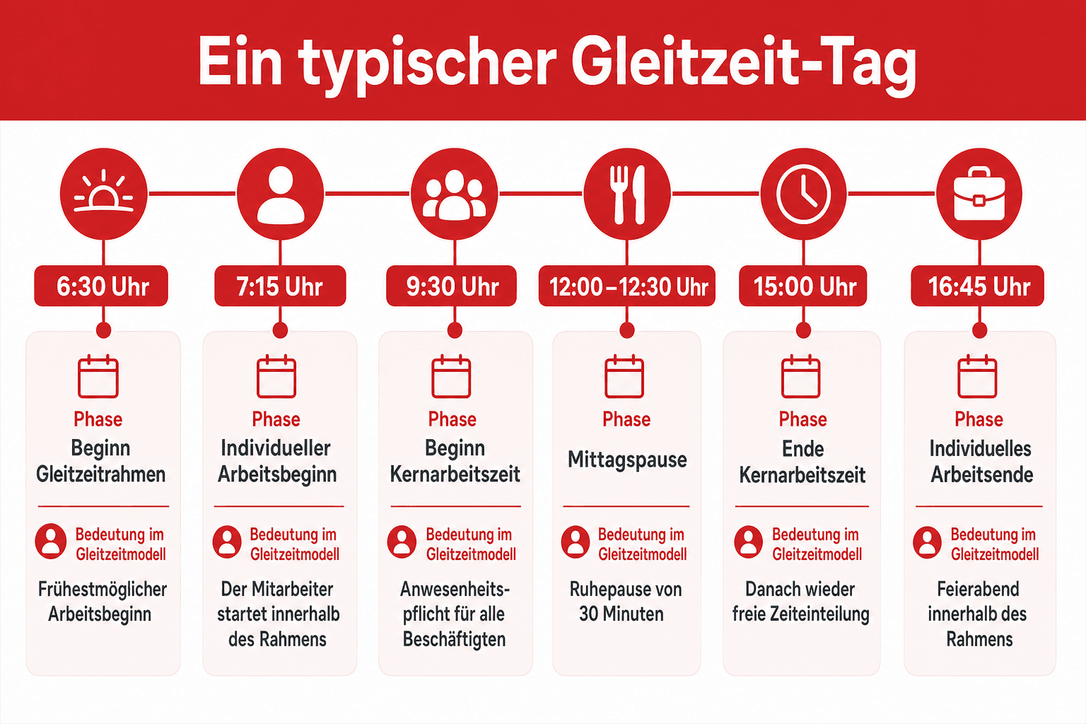 Infografik: Praxisbeispiel: Ein typischer Gleitzeit-Tag Uhrzeit: 6:30 Uhr | Phase: Beginn Gleitzeitrahmen | Bedeutung im Gleitzeitmo...