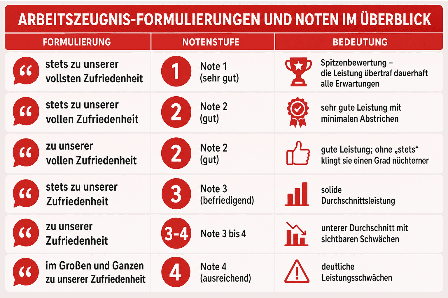 Infografik: Arbeitszeugnis-Formulierungen und Noten im Überblick: Die Übersetzungstabelle Formulierung: „stets zu unserer vollsten Z...