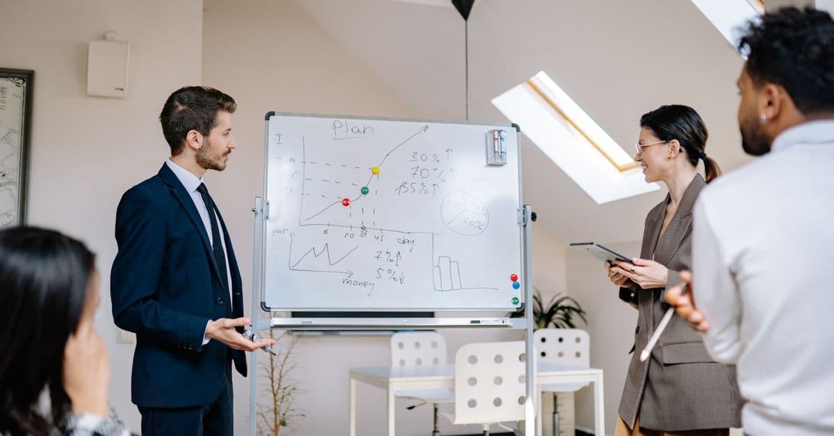 Kollegen analysieren bei einer Besprechung gemeinsam Diagramme an einem Whiteboard.