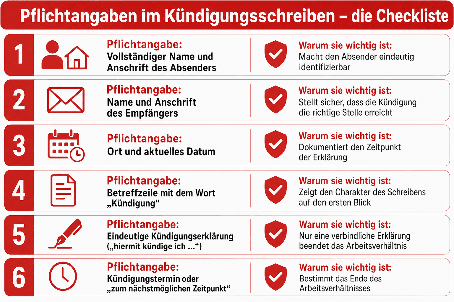 Infografik: Pflichtangaben im Kündigungsschreiben – die Checkliste Pflichtangabe: Vollständiger Name und Anschrift des Absenders | W...