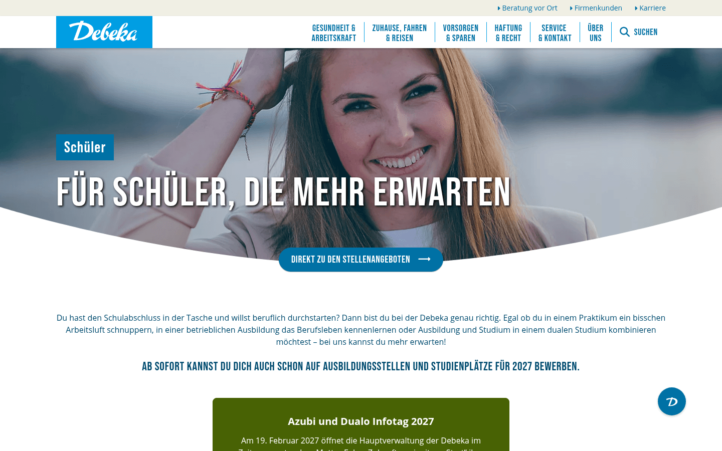 Schüler-Seite der Debeka-Karriereseite mit Informationen zu Praktikum, Ausbildung und dualem Studium