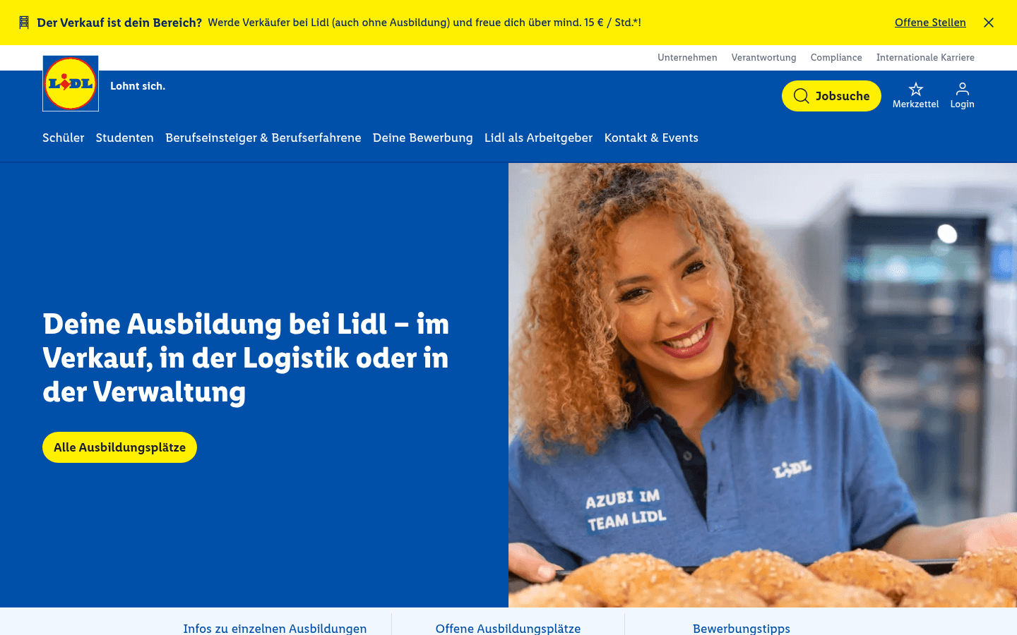 Ausbildungsverguetung je Lehrjahr (1.250 Euro, 1.350 Euro, 1.500 Euro) auf der offiziellen Lidl-Karriereseite