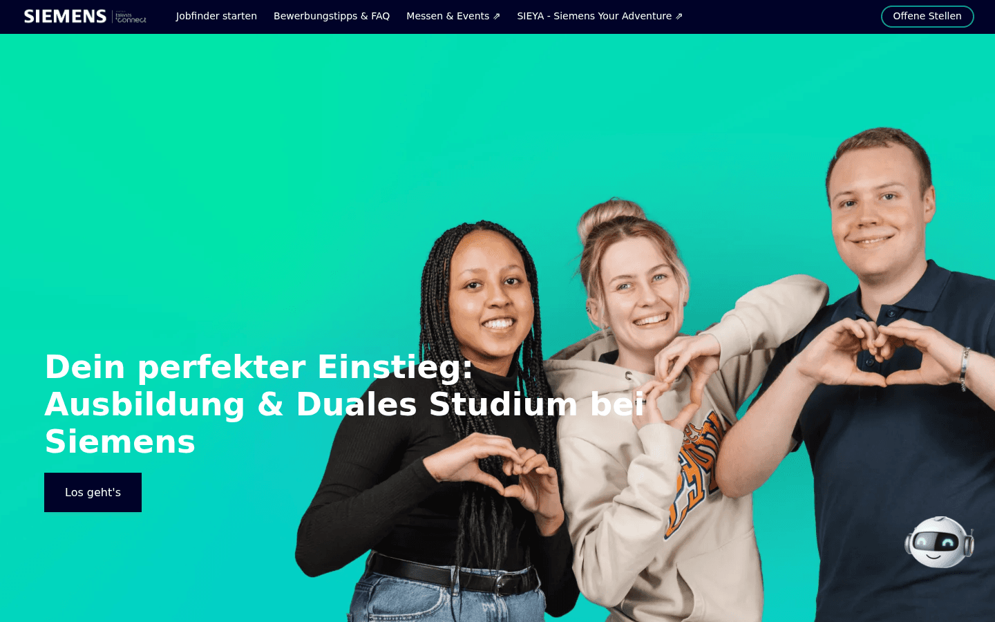 Startseite der offiziellen Siemens-Ausbildungsseite ausbildung.siemens.com mit Kacheln zu Ausbildung, Dualem Studium und Prak