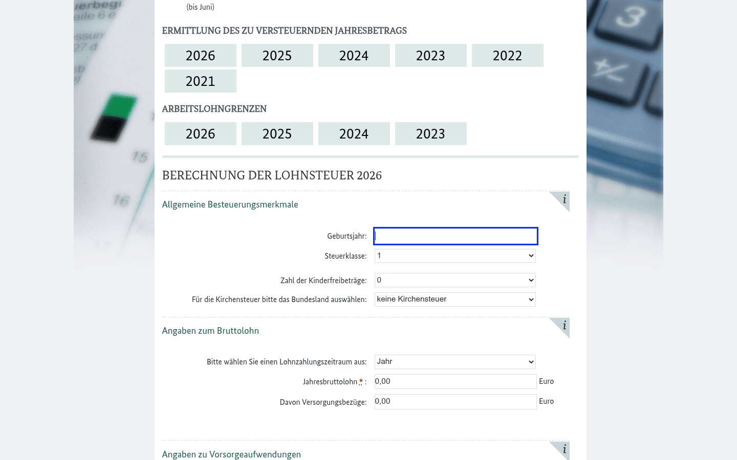 Eingabemaske des offiziellen BMF-Lohn- und Einkommensteuerrechners für 2026
