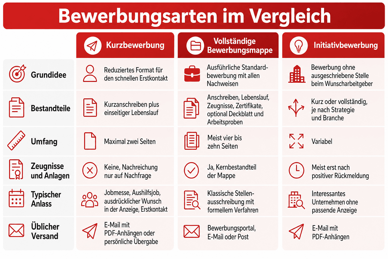 Infografik: Kurzbewerbung, vollständige Bewerbungsmappe und Initiativbewerbung im Vergleich Merkmal: Grundidee | Kurzbewerbung: Redu...