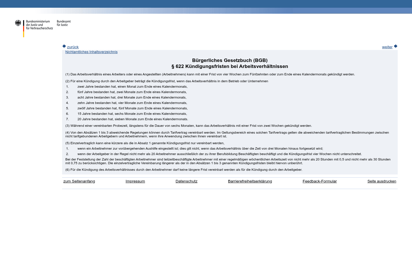 Gesetzestext des § 622 BGB mit der Fristenstaffel nach Betriebszugehörigkeit auf gesetze-im-internet.de