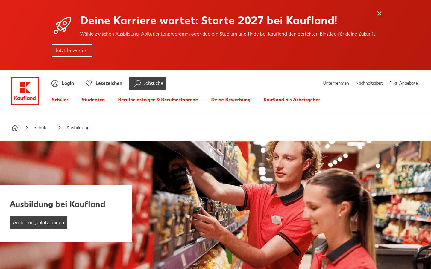 Offizielle Kaufland-Seite zur Ausbildung mit Angaben zu Gehalt, Ausbildungsberufen, Beginn und Dauer