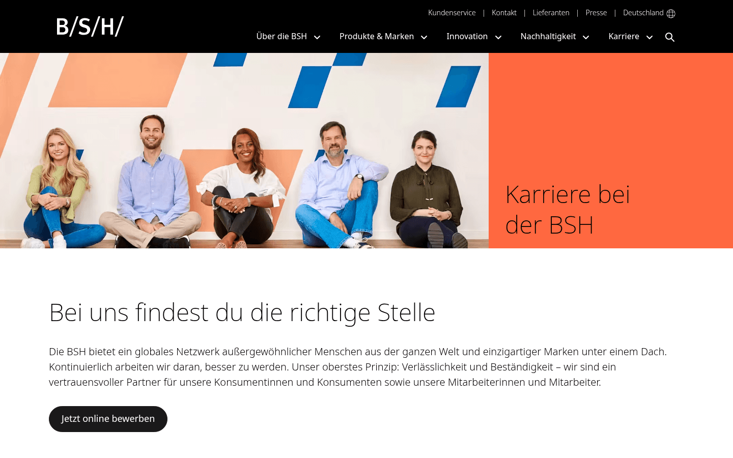 Startseite der offiziellen BSH-Karriereseite mit den Bereichen Schüler:innen, Studierende und Direkteinstieg