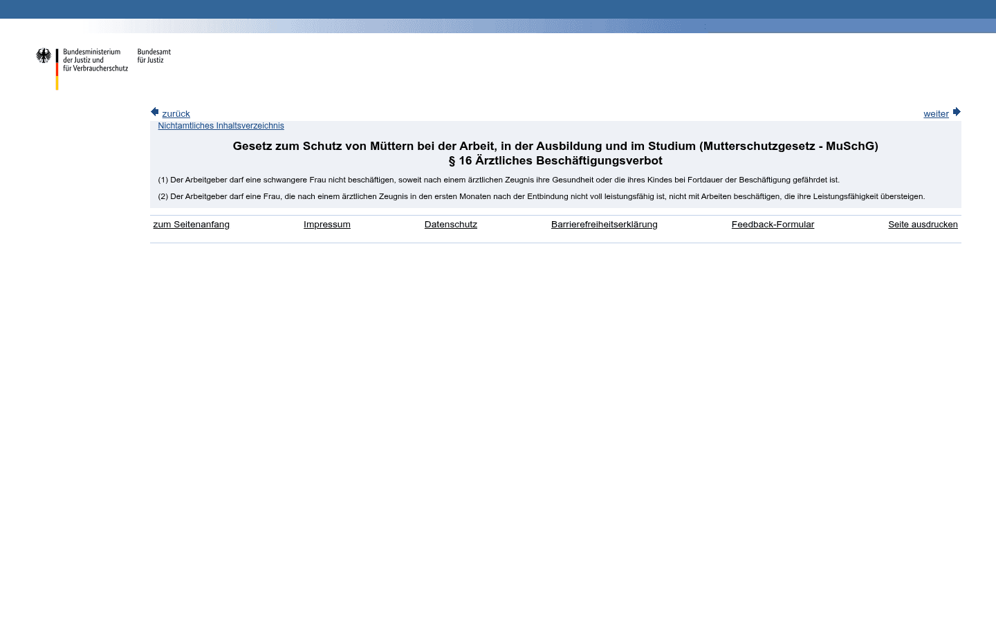 Screenshot des Gesetzestextes von § 16 MuSchG (ärztliches Beschäftigungsverbot) auf gesetze-im-internet.de