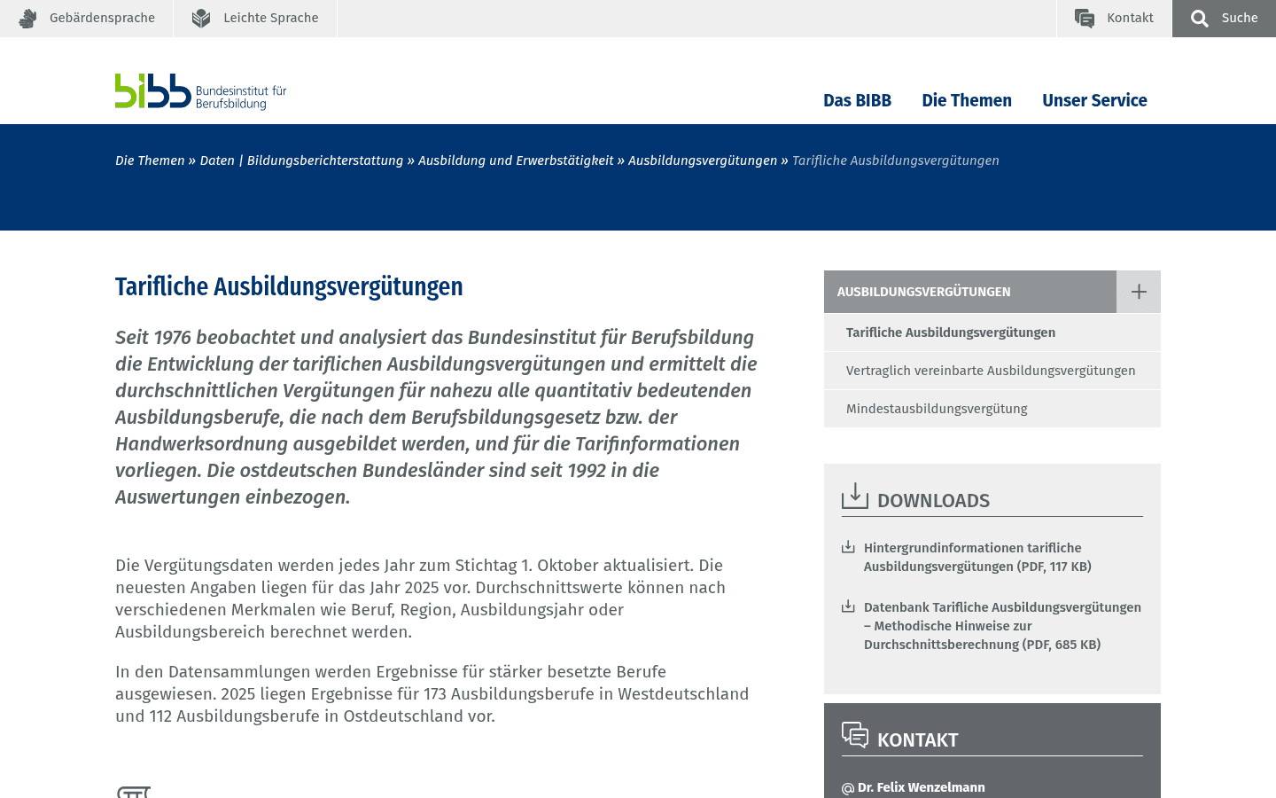 BIBB-Seite Tarifliche Ausbildungsvergütungen mit amtlicher Rangliste nach Ausbildungsberuf, Stand 1. Oktober 2025