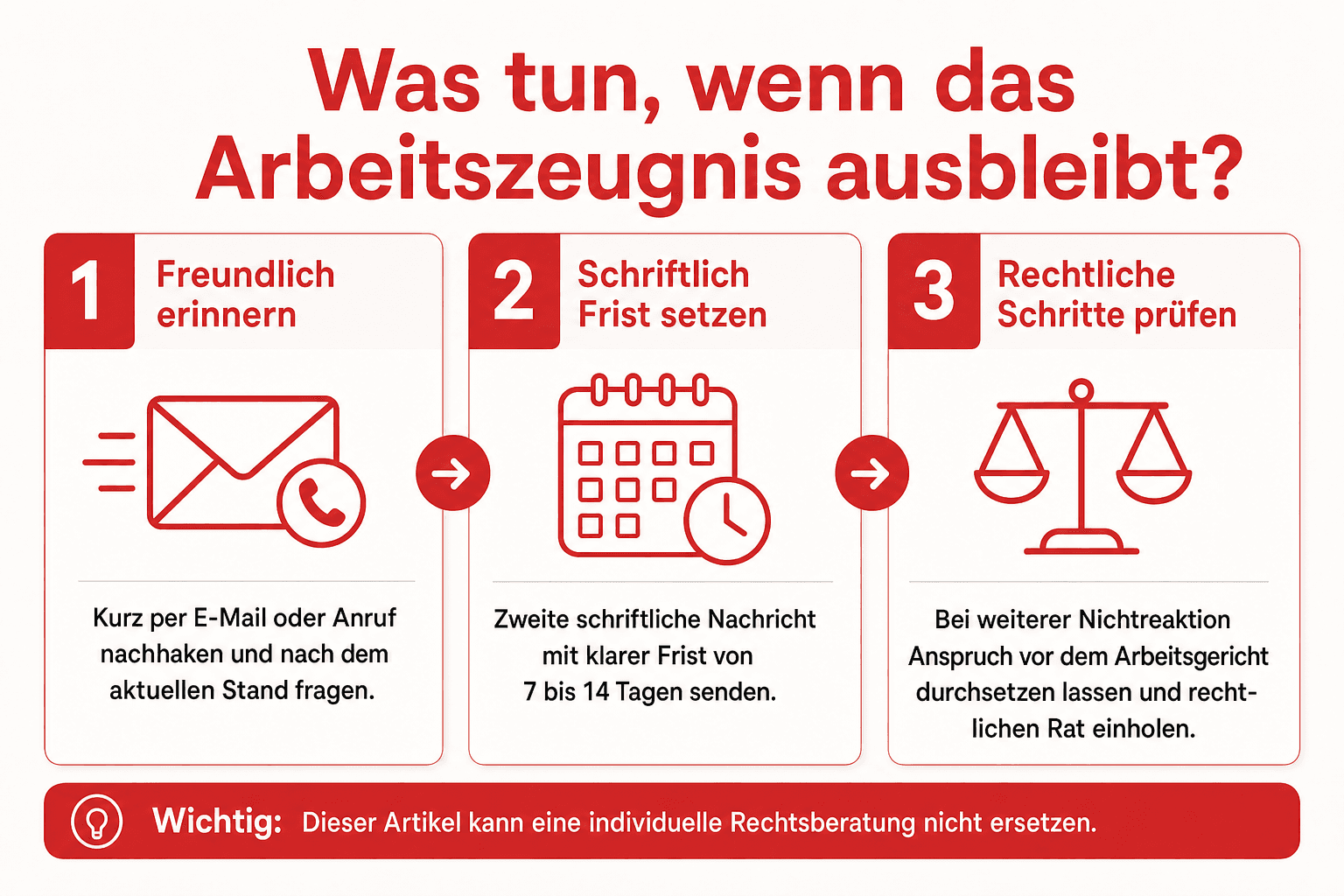 Infografik: Was tun, wenn das Arbeitszeugnis ausbleibt? 1. Freundlich erinnern. Eine kurze E-Mail oder ein Anruf genügt: Verweisen S...