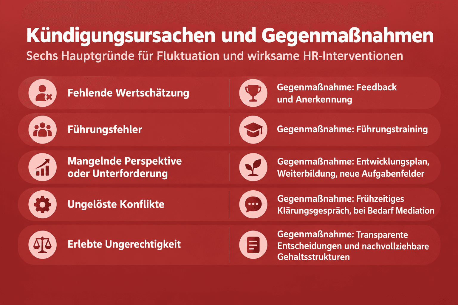 Infografik: Gegenmaßnahmen: Was Führungskräfte und HR tun können Ursache: Fehlende Wertschätzung | Passende Gegenmaßnahme: Konkretes...