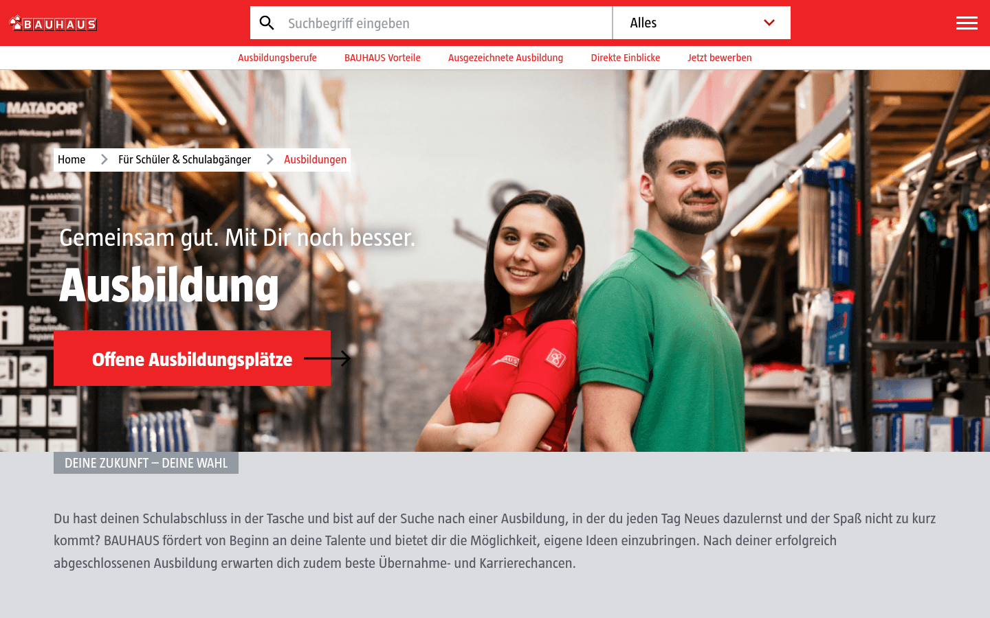 Screenshot der BAUHAUS-Karriereseite mit Übersicht der Ausbildungsberufe im Fachcentrum