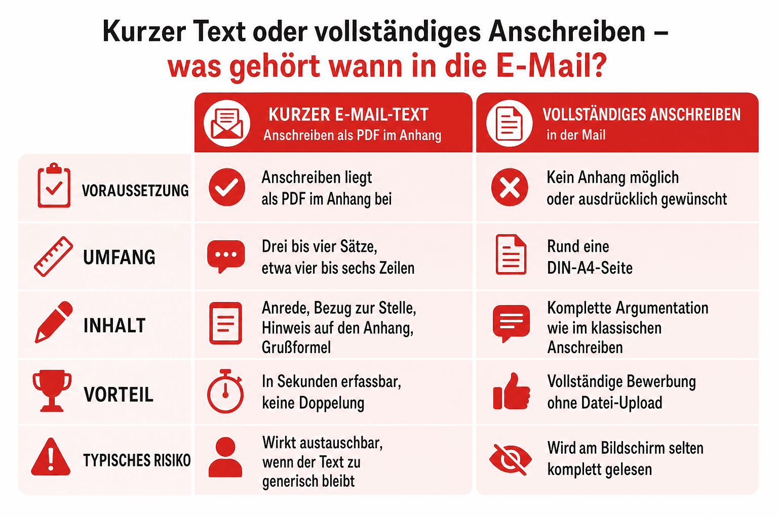 Infografik: Kurzer Text oder vollständiges Anschreiben – was gehört wann in die E-Mail? Kriterium: Voraussetzung | Kurzer E-Mail-Tex...