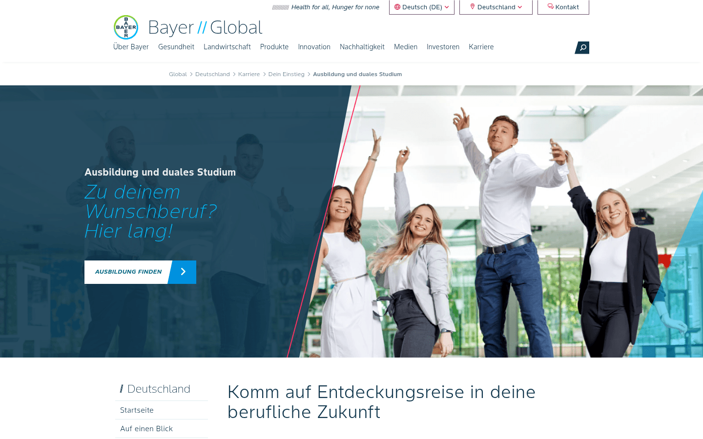 Screenshot der offiziellen Bayer-Karriereseite Ausbildung und duales Studium