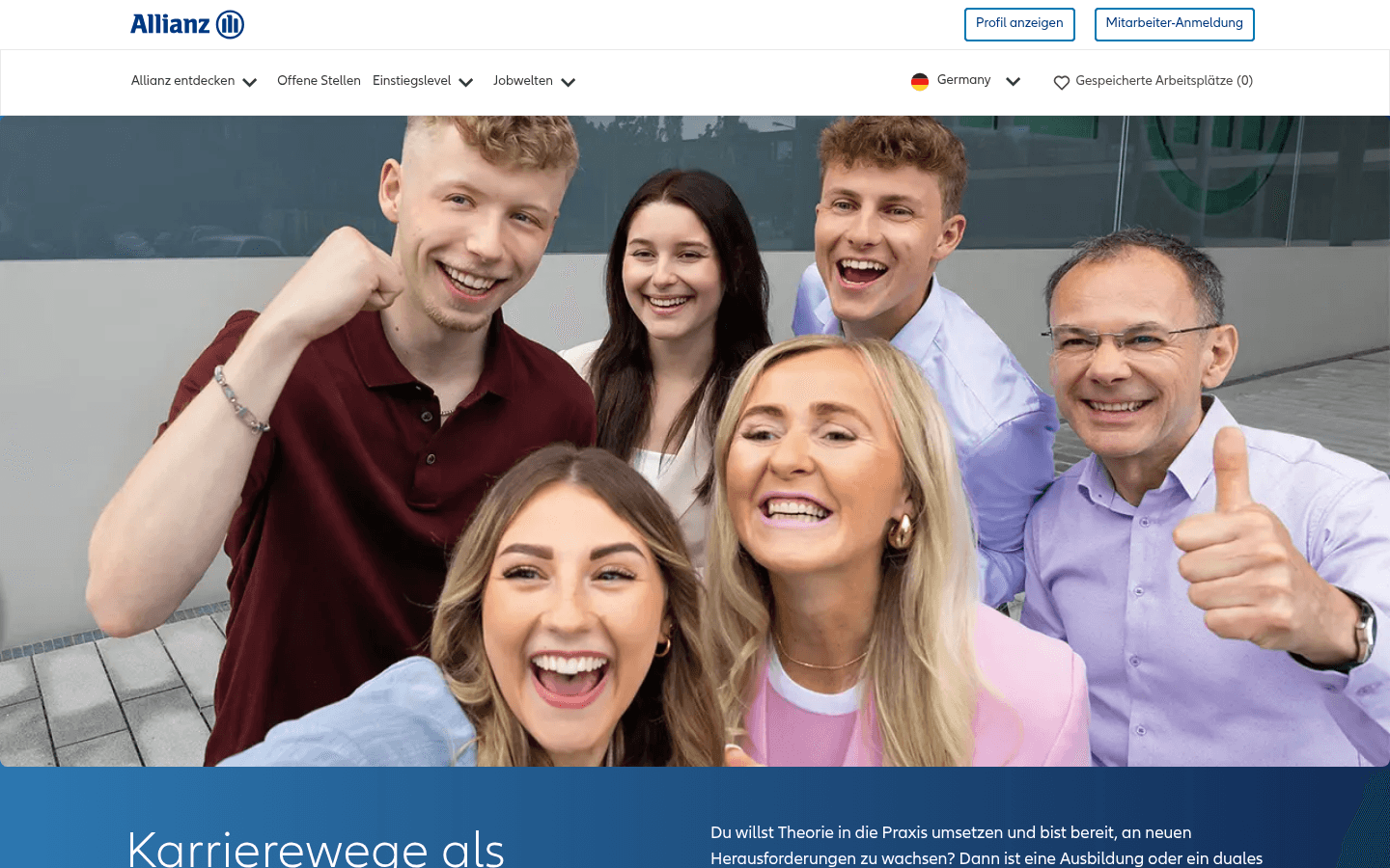 Offizielle Allianz-Karriereseite für Schüler mit Übersicht zu Ausbildungsberufen und dualen Studiengängen