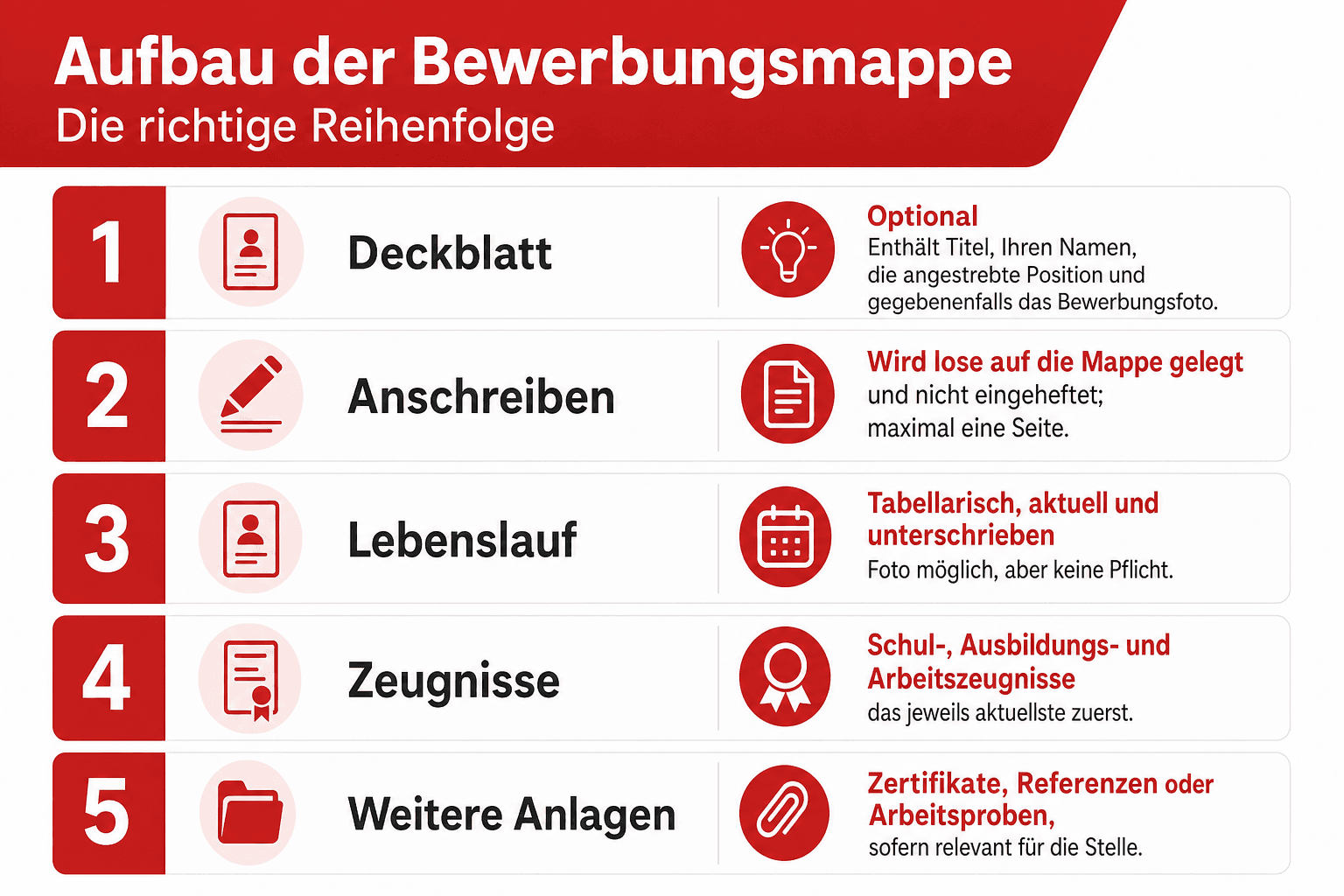 Infografik: Aufbau der Bewerbungsmappe: Die richtige Reihenfolge Position: 1 | Bestandteil: Deckblatt | Hinweis: Optional; enthält T...