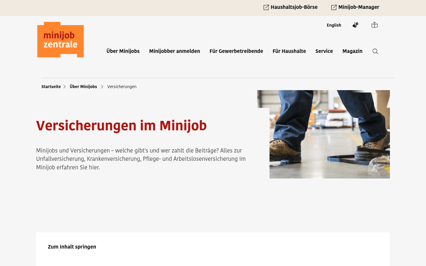 Übersicht der Pauschalbeiträge und Versicherungen im Minijob auf der offiziellen Seite der Minijob-Zentrale