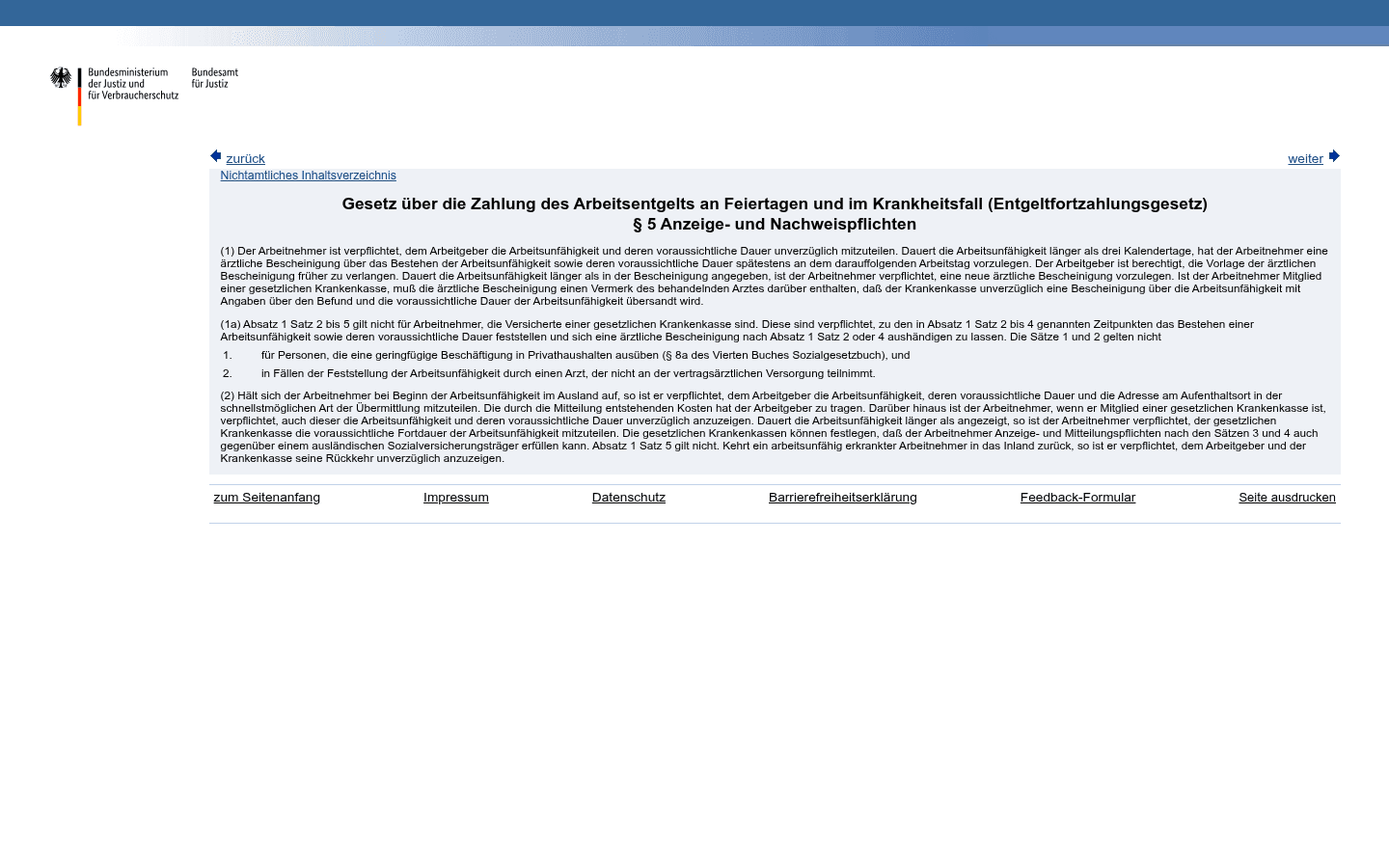 Screenshot von § 5 Entgeltfortzahlungsgesetz (EntgFG) mit den Anzeige- und Nachweispflichten inklusive eAU-Regelung auf gesetze-im-internet.de