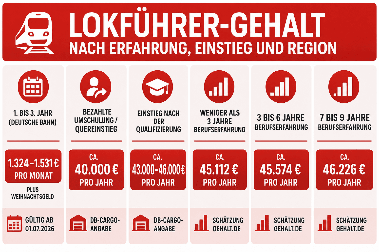 Infografik: Lokführer-Gehalt nach Erfahrung, Einstieg und Region (Tabelle) Kategorie: Ausbildung, 1. bis 3. Jahr (Deutsche Bahn) | B...