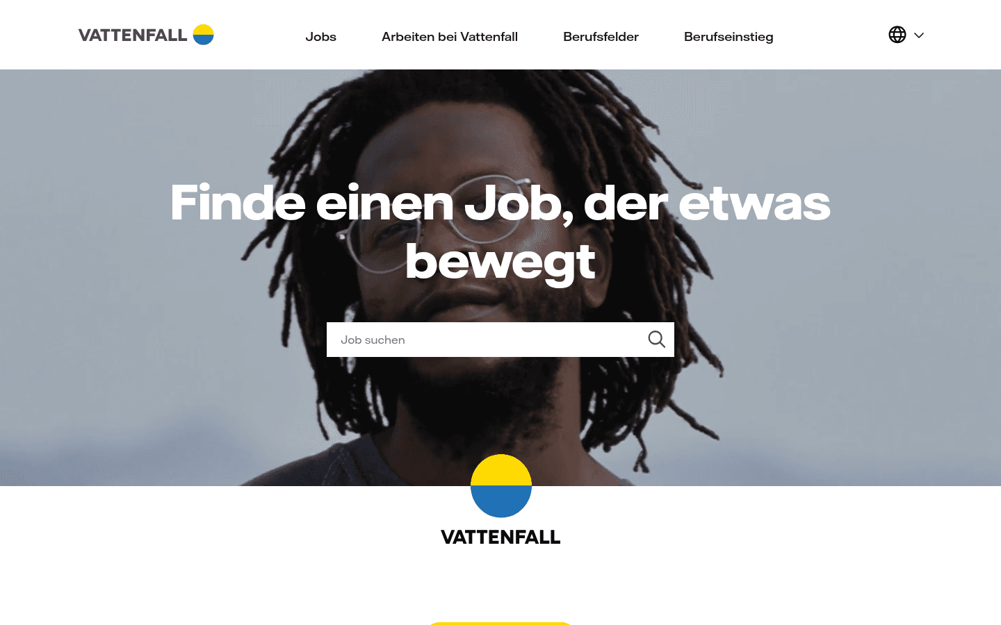 Startseite des offiziellen Vattenfall-Karriereportals mit Jobsuche und Unternehmenswerten