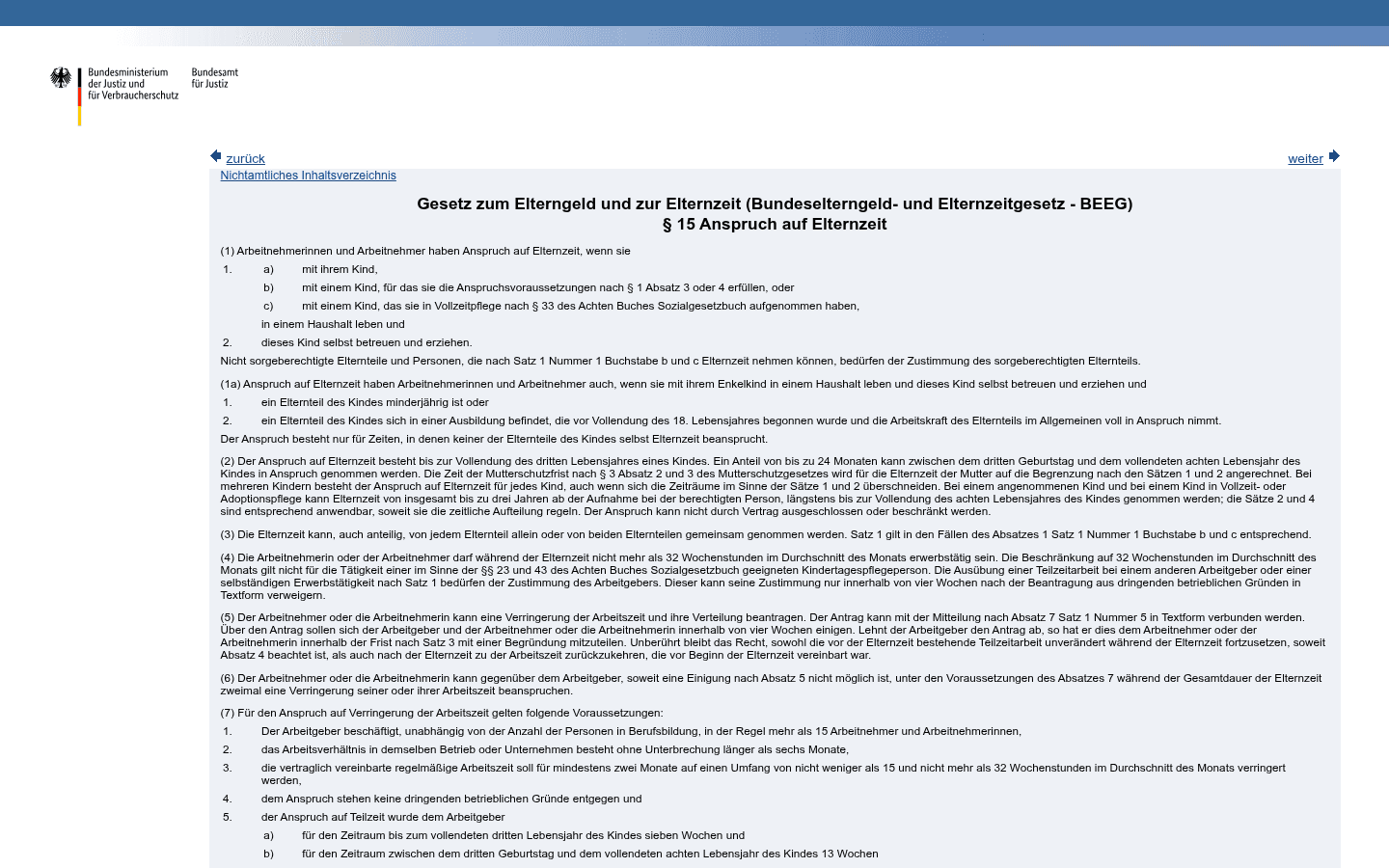Gesetzestext von § 15 BEEG zu Dauer, Aufteilung in drei Zeitabschnitte und Übertragung der Elternzeit bis zum achten Lebensjahr