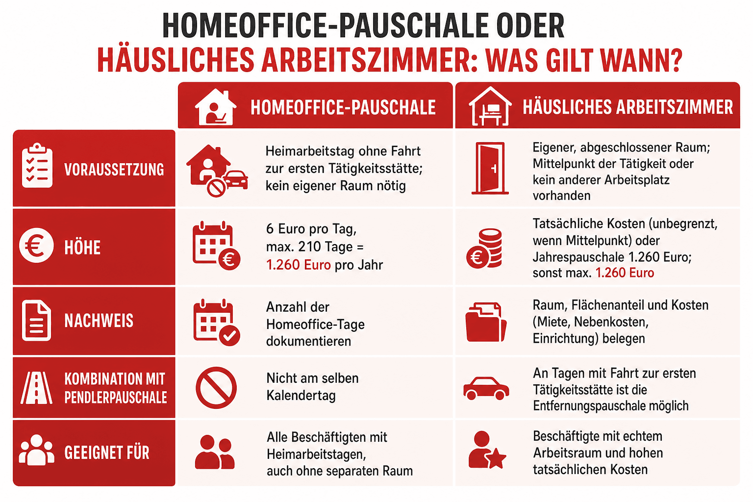 Infografik: Homeoffice-Pauschale oder häusliches Arbeitszimmer: Was gilt wann? Kriterium: Voraussetzung | Homeoffice-Pauschale: Heim...