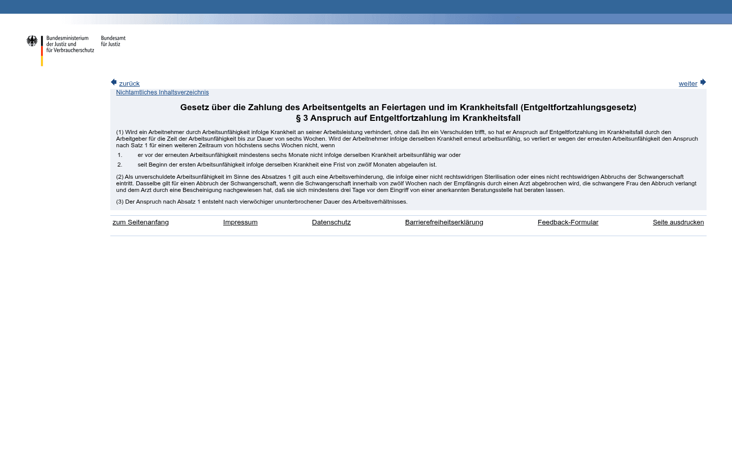 Gesetzestext von § 3 Entgeltfortzahlungsgesetz (EntgFG) auf gesetze-im-internet.de mit der Sechs-Wochen-Regel