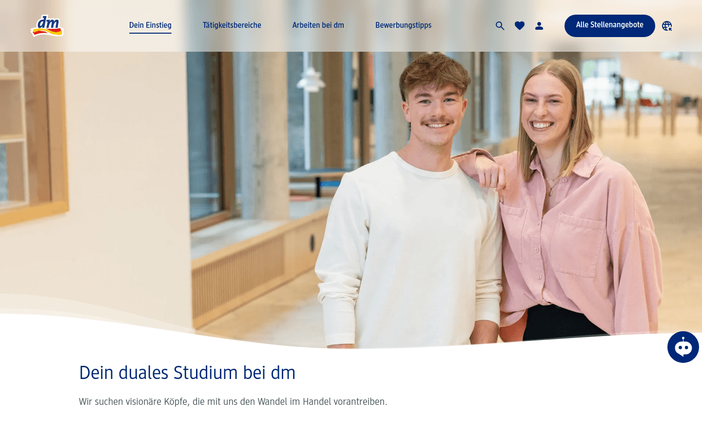 Übersicht der dualen Studiengänge auf der offiziellen dm-Karriereseite dm-jobs.de