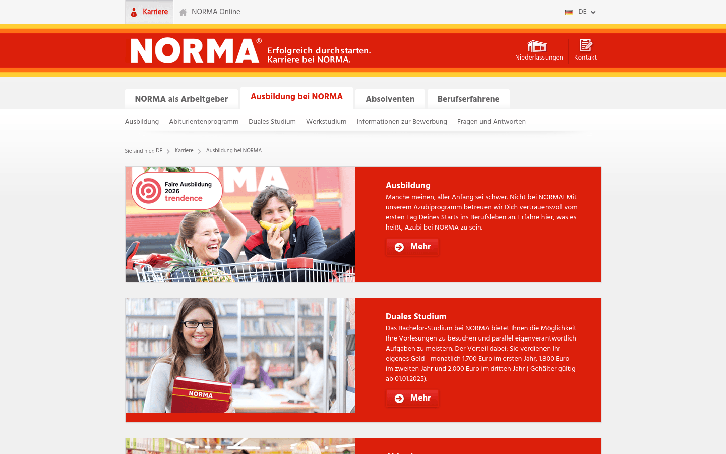 Startseite des Bereichs Ausbildung bei NORMA auf der offiziellen Karriereseite mit Kacheln zu Ausbildung, Abiturientenprogram