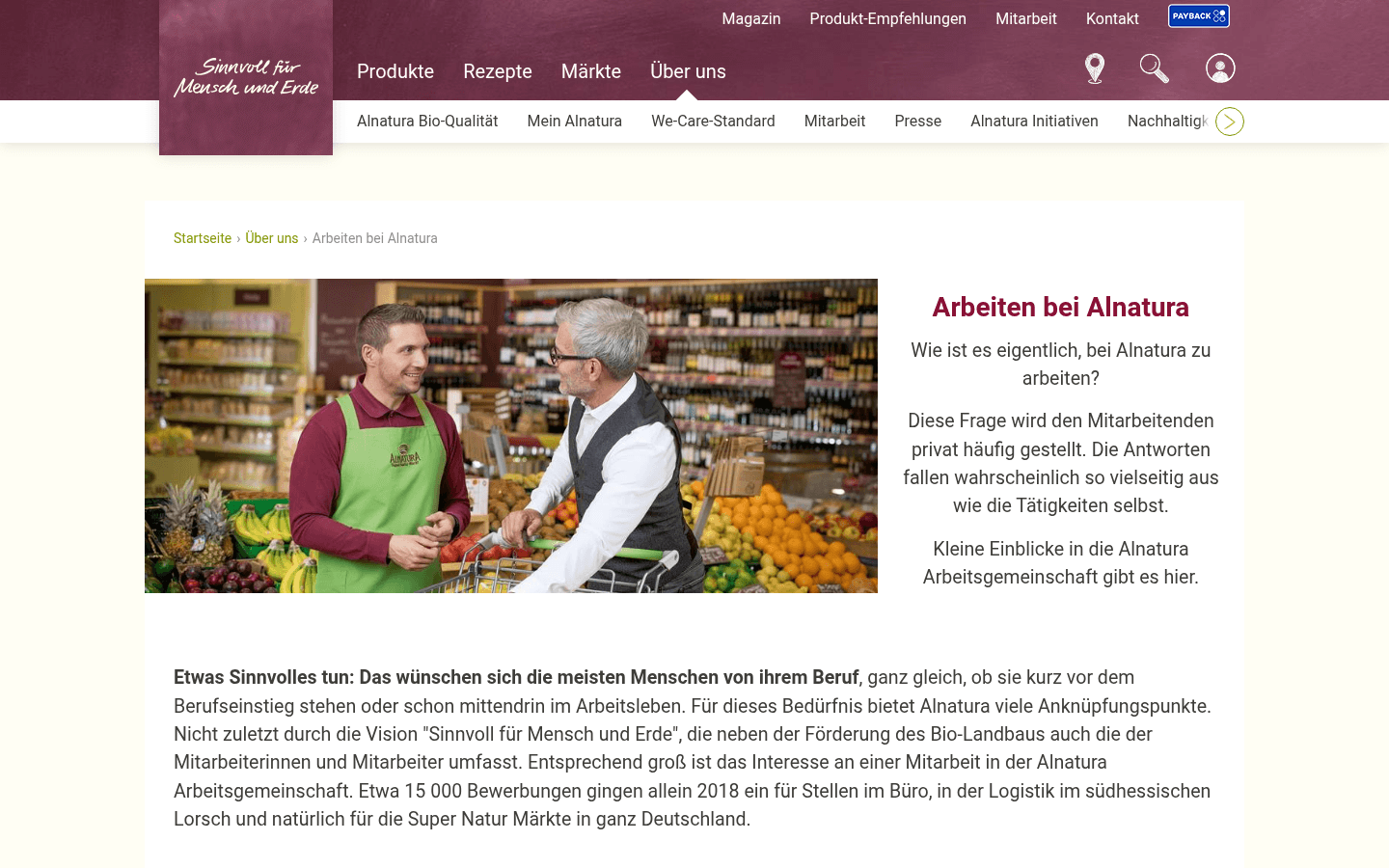 Offizielle Seite 'Arbeiten bei Alnatura' mit Informationen zu Stellenangeboten, Ausbildung und Studium