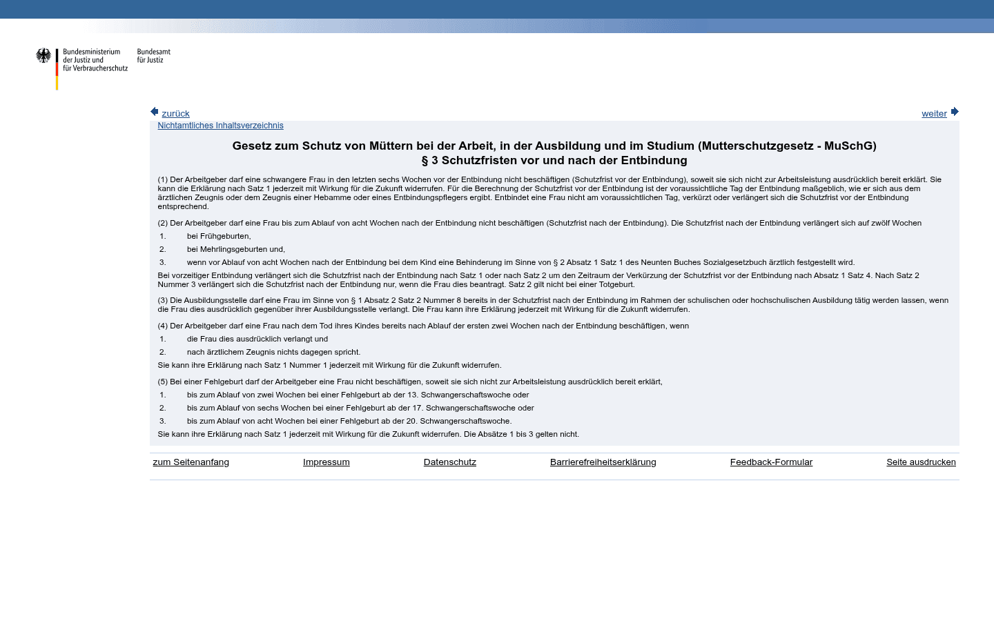 Gesetzestext von § 3 MuSchG mit den Schutzfristen sechs Wochen vor und acht bzw. zwölf Wochen nach der Entbindung