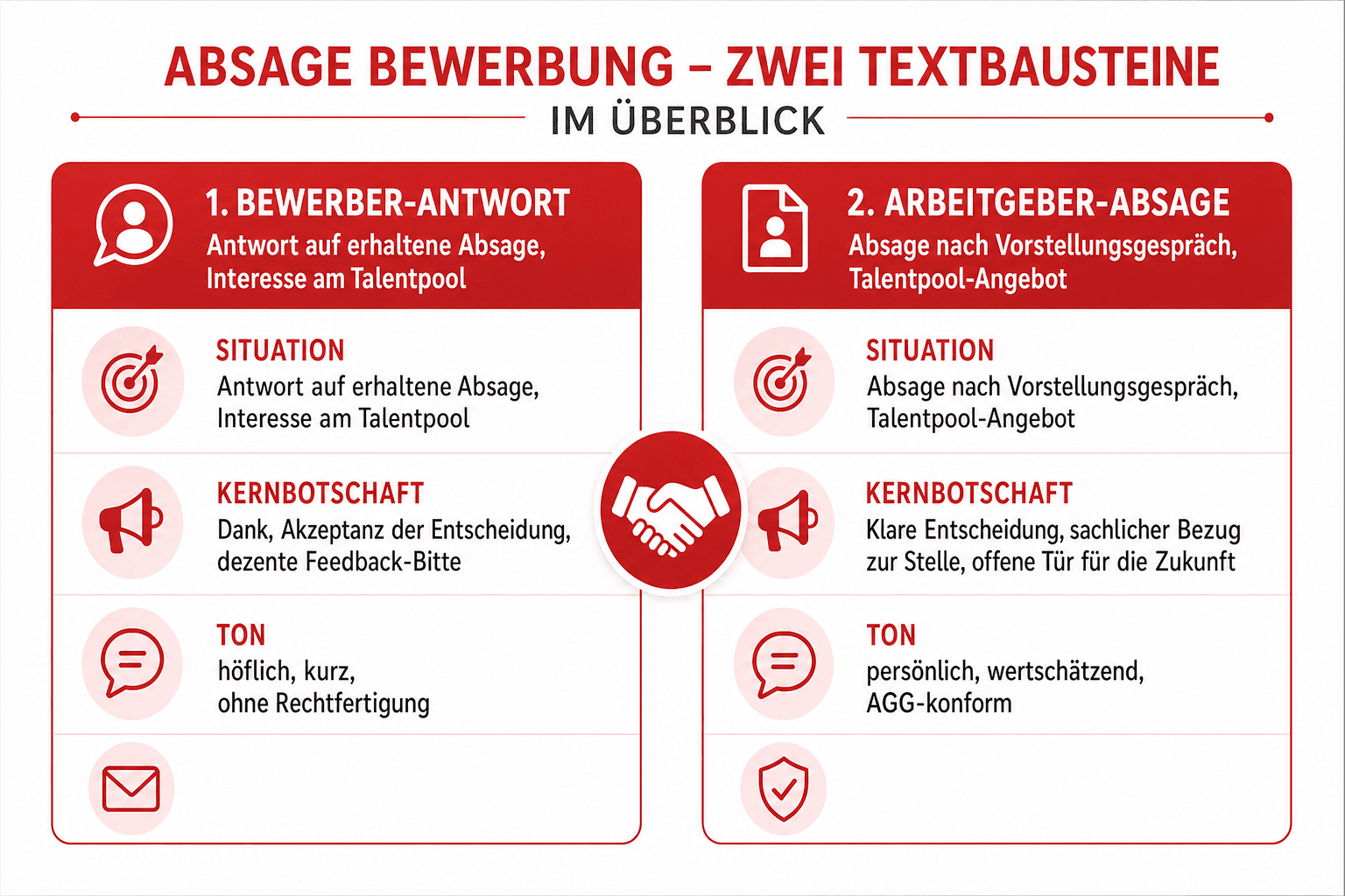 Infografik: Muster für die Absage auf eine Bewerbung: Zwei Textbausteine im Überblick – Textbaustein: Bewerber-Antwort | Situation: Antwort auf erhaltene...
