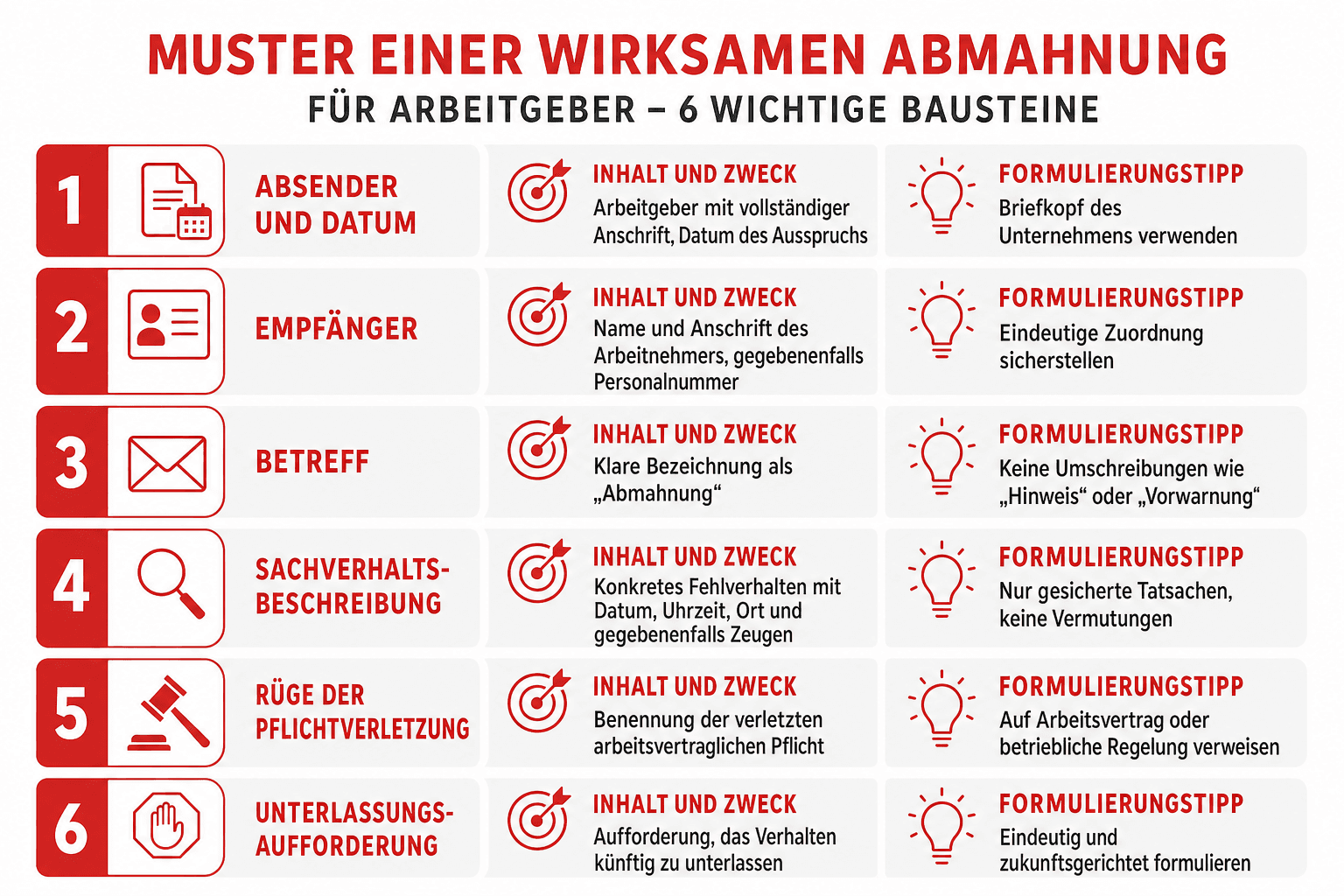 Infografik: Muster einer wirksamen Abmahnung für Arbeitgeber Baustein: Absender und Datum | Inhalt und Zweck: Arbeitgeber mit vollst...