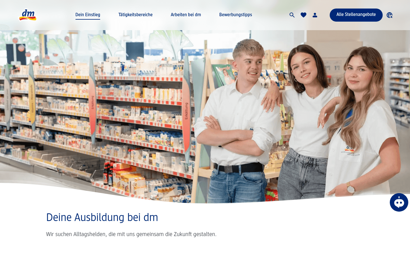Offizielle Ausbildungsseite von dm-drogerie markt mit Übersicht der Ausbildungsberufe