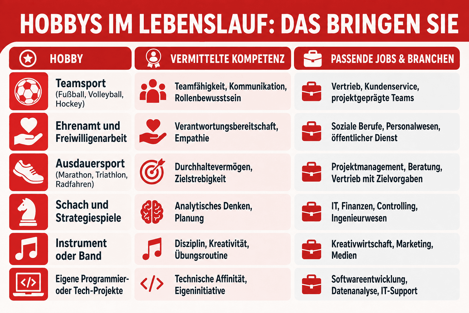 Infografik: Kompetenz-Tabelle zu Hobbys im Lebenslauf – welche Freizeitaktivität welche Stärken vermittelt und zu welchen Berufsfeldern sie passt