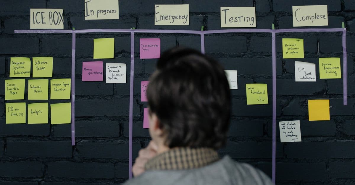 HR-Team bespricht agile Arbeitsschritte an einem Kanban-Board im Büro