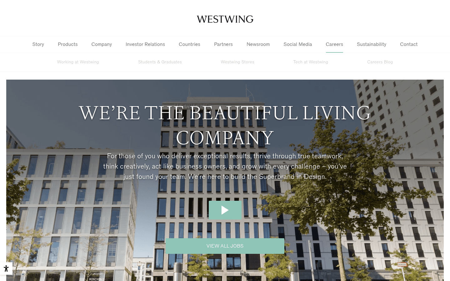 Offizielle Karriereseite von Westwing mit dem Slogan The Beautiful Living Company und Link zu allen offenen Stellen