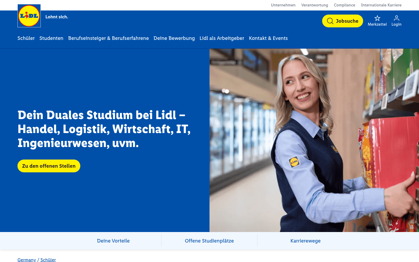 Offizielle Lidl-Karriereseite zum dualen Studium mit Hinweis auf die erhöhte Vergütung
