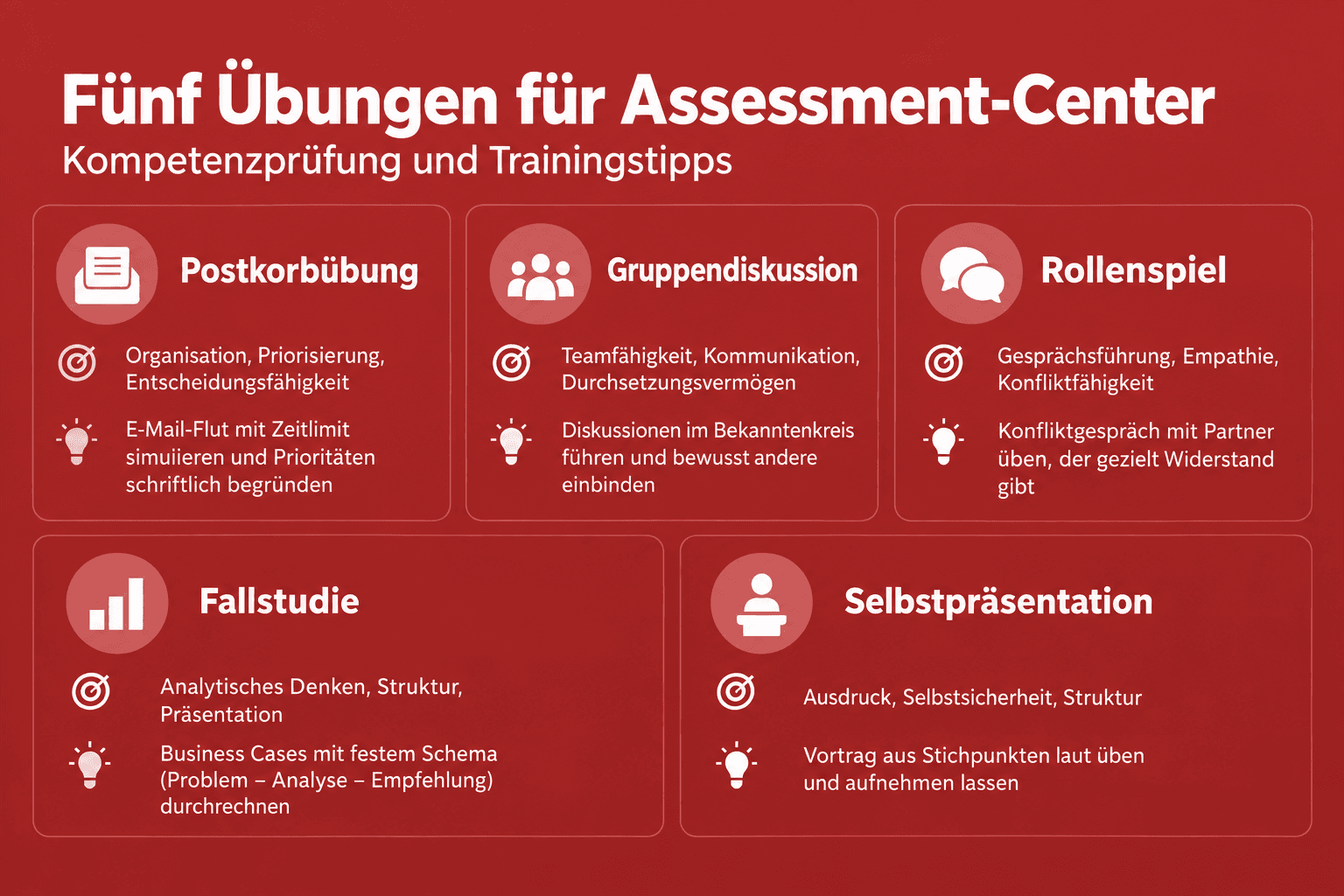 Infografik: Übung, geprüfte Kompetenz und Trainingstipp im Überblick Übung: Postkorbübung | Geprüfte Kompetenz: Organisation, Priori...