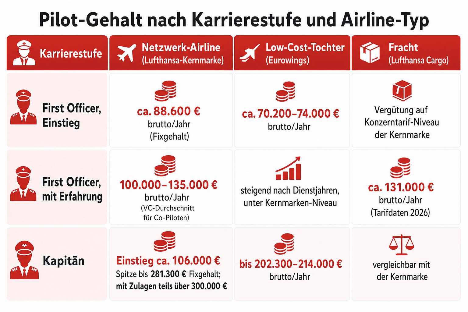 Infografik: Gehaltstabelle: Pilot-Gehalt nach Karrierestufe und Airline-Typ Karrierestufe: First Officer, Einstieg | Netzwerk-Airlin...