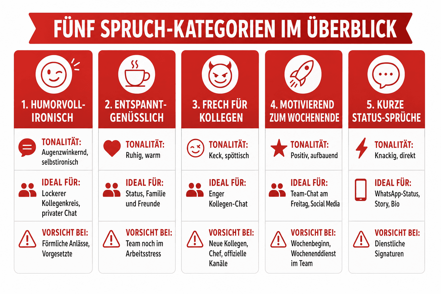 Infografik: Die fünf Spruch-Kategorien im Überblick – Tonalität, idealer Einsatzort und wichtigste Warnung je Kategorie auf einen Blick