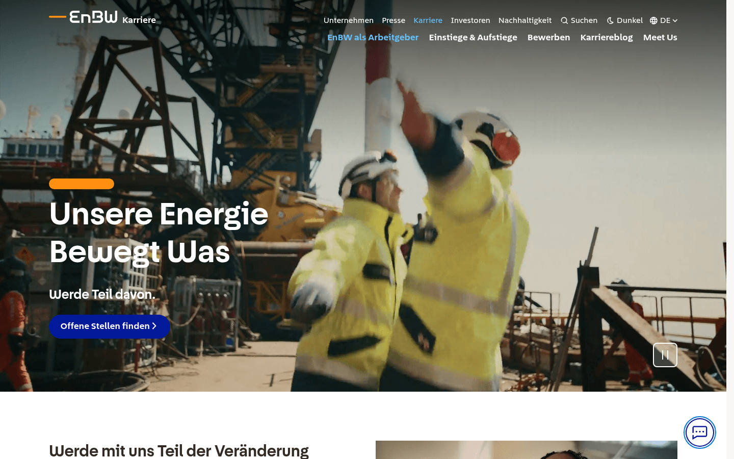 Offizielle EnBW-Karriereseite mit dem Slogan 'Unsere Energie bewegt was' und Einstiegen für Berufserfahrene, Studierende und