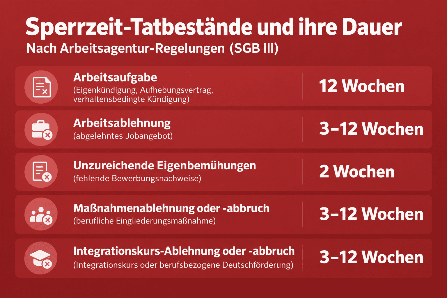 Infografik: Alle Sperrzeit-Tatbestände und ihre Dauer im Überblick Tatbestand: Arbeitsaufgabe (Eigenkündigung, Aufhebungsvertrag, ve...