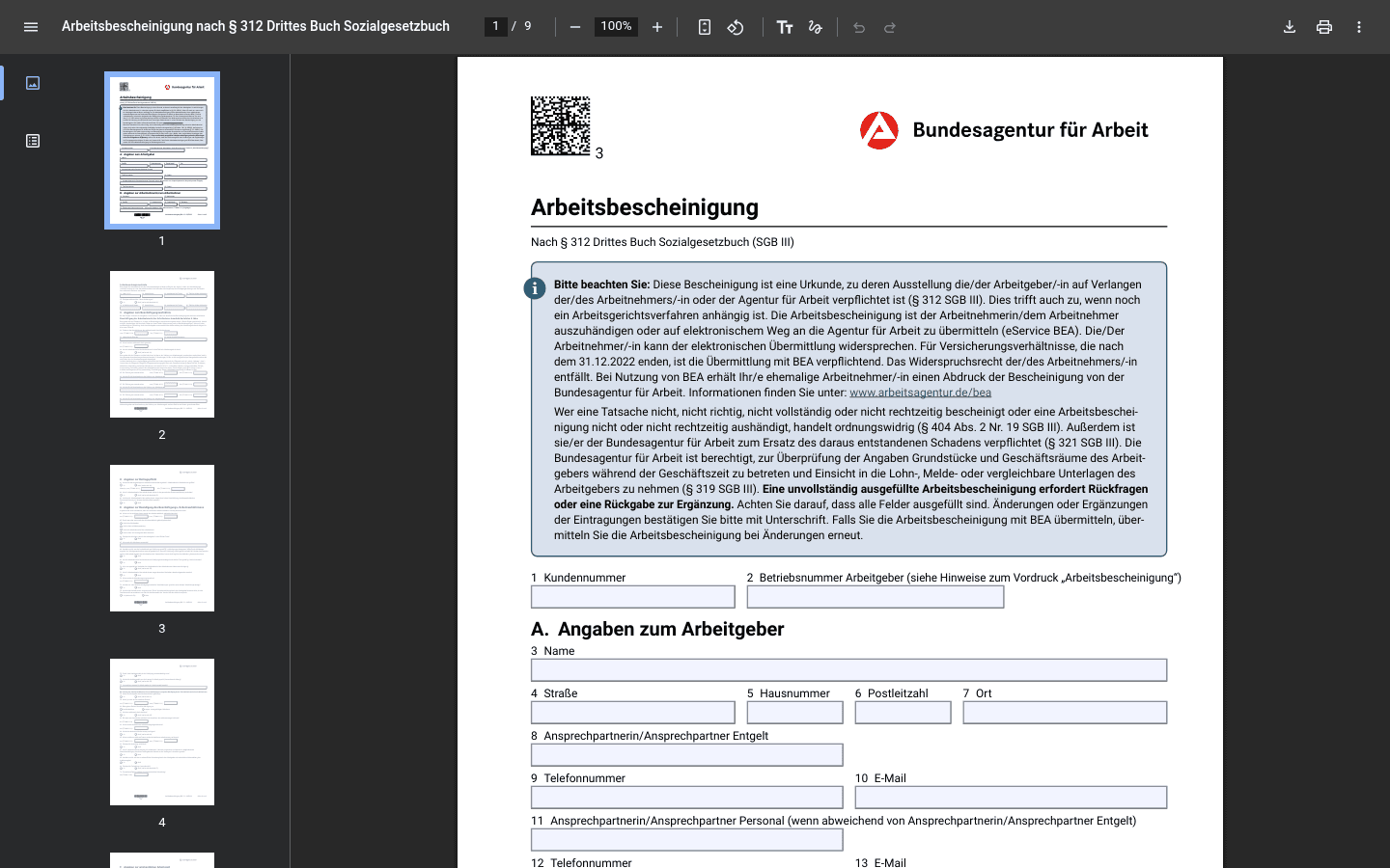 Erste Seite des amtlichen BA-Vordrucks Arbeitsbescheinigung (BA 032120) mit Feldern zu Beschäftigungszeit und Kündigungsgrund