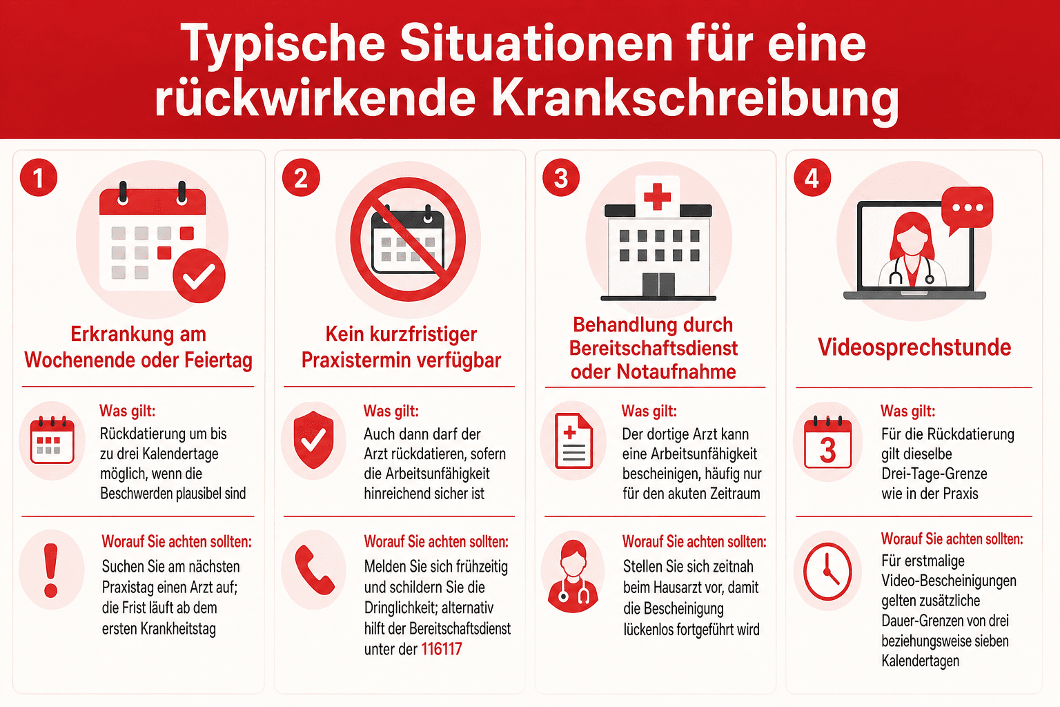 Infografik: Typische Situationen für eine rückwirkende Krankschreibung – Erkrankung am Wochenende oder Feiertag, kein kurzfristiger Praxistermin, Bereitschaftsdienst oder Notaufnahme sowie Videosprechstunde im Überblick