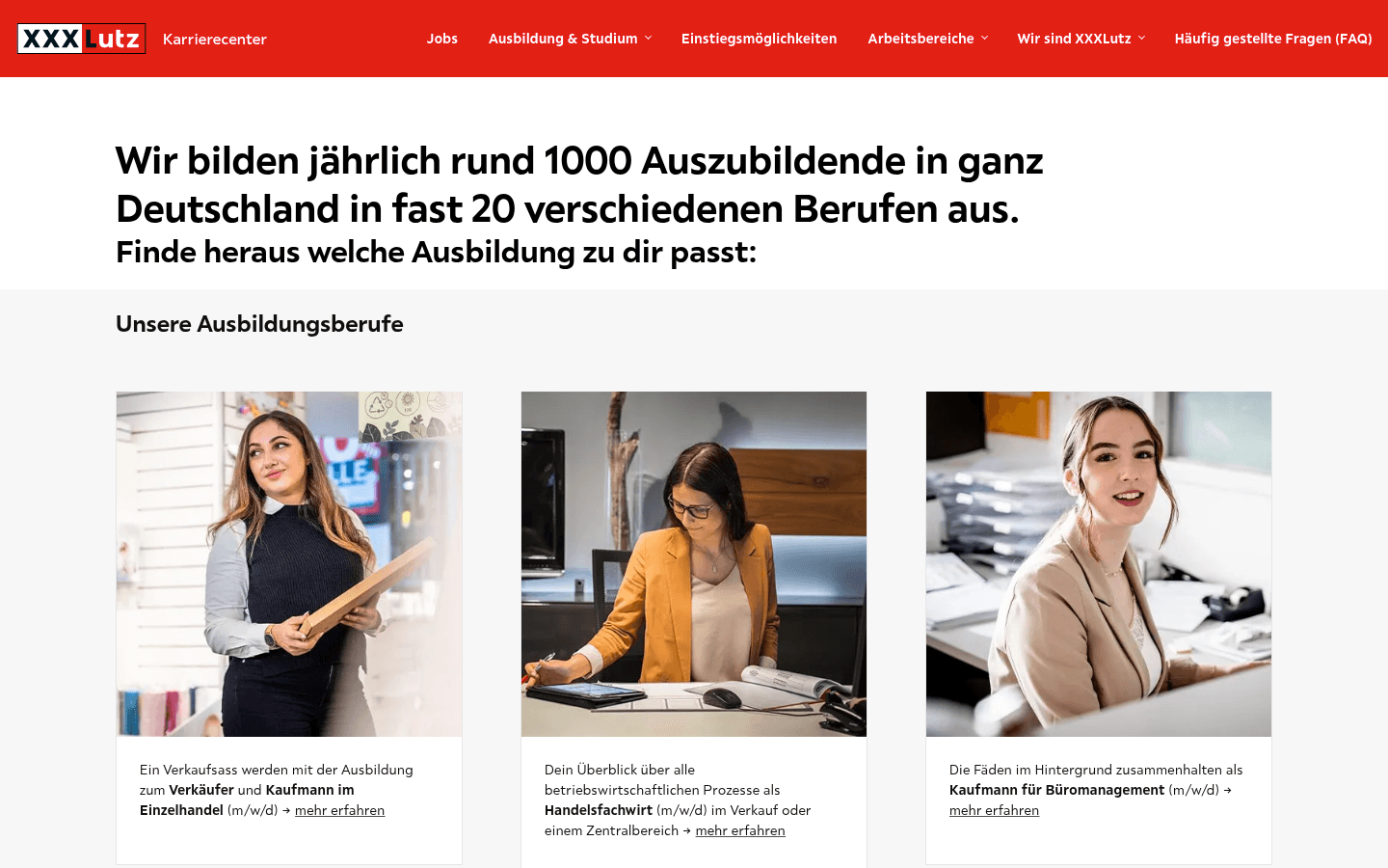 Screenshot der offiziellen XXXLutz-Karriereseite „Ausbildung und Studium“ mit Übersicht der Ausbildungsberufe